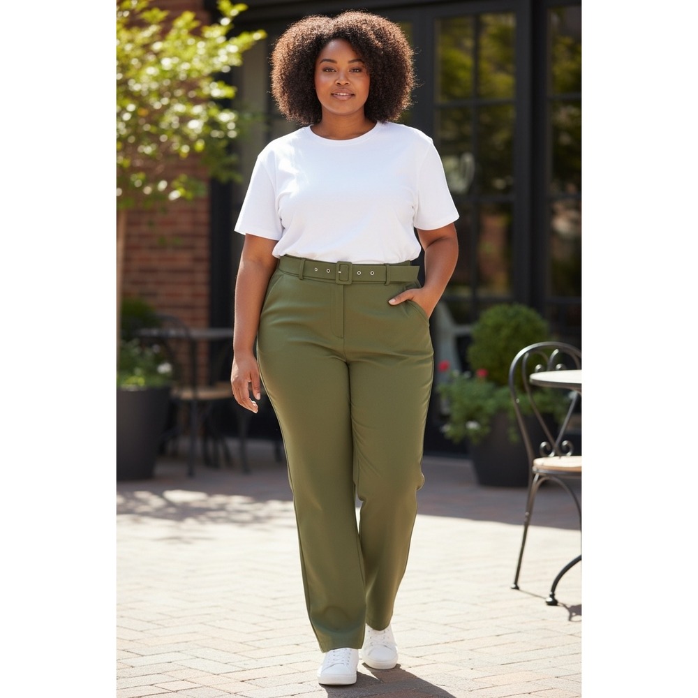Emaline Woman 24W Olive Green Wide Leg Belted Trousers Stretch Career Pants NEW